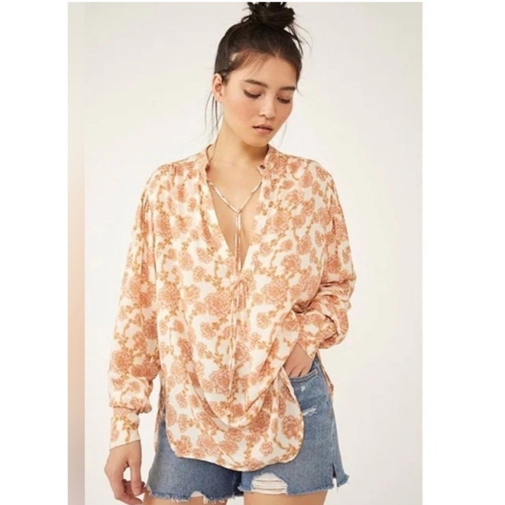 Free People Mia Floral  Cotton Woven Tie Crew Keyhole Neck Long Tunic XS NWT